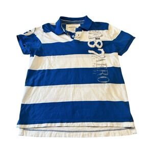 Aeropostale Y2K Rugby Striped Polo Shirt Mens L Blue White Striped 3D Spell Out
